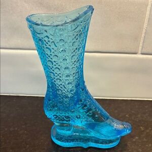 Findlay Blue Glass Boot Bouquet Holder PAT. APPLIED FOR first pressing